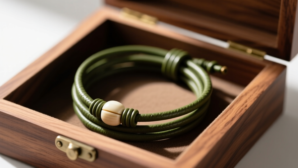 Neatly coiled olive green leather cord necklace with a bone bead sliding knot, stored inside a cedar-lined wooden jewelry box.