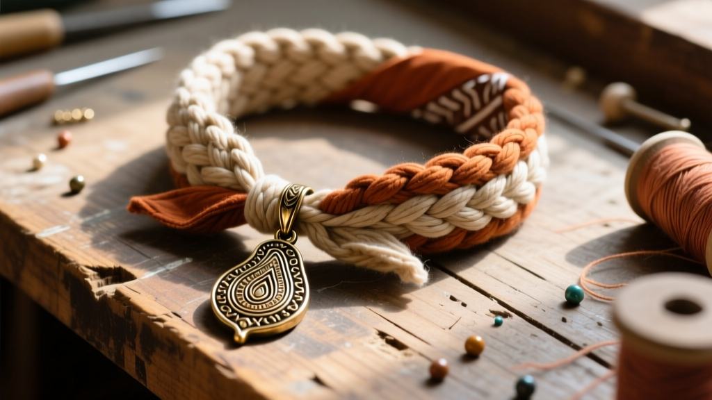 Close-up of a braided cotton bandana choker and cast brass paisley pendant resting on a rustic wooden jewelry making workbench.