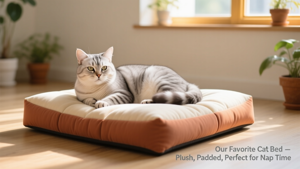 Senior cat resting comfortably on a supportive, low-profile mat-style bed