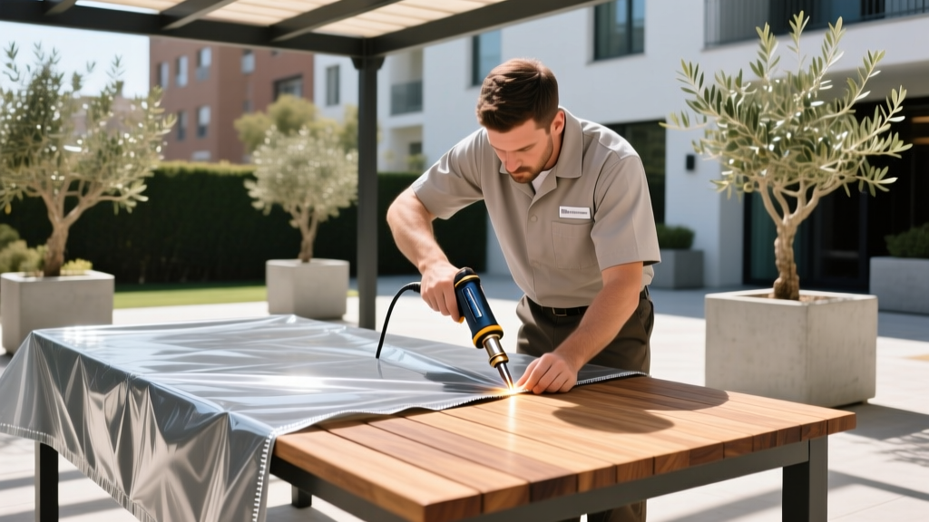 Technician using a hot air welder to seal seams of heavy-duty PVC waterproof tablecloth material on a commercial patio table.