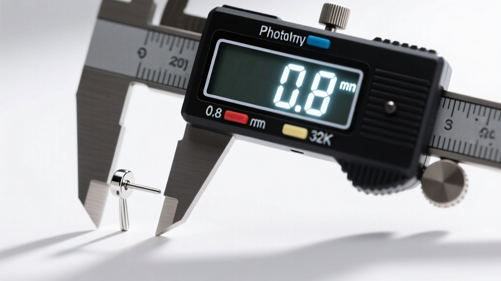Digital caliper measuring a silver streetwear stud earring post, displaying exactly 0.8 millimeters on the illuminated LCD screen