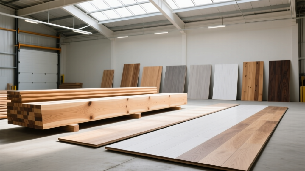 Graded dimensional lumber with ink stamps beside finished white oak flooring samples in a brightly lit warehouse