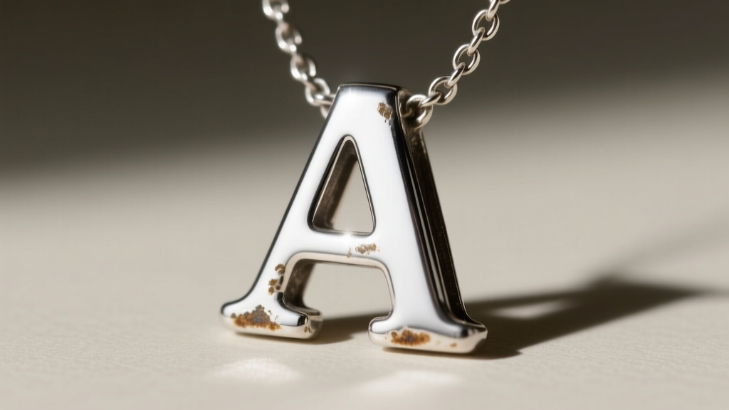 Macro shot of a stamped sterling silver letter A necklace showing slight edge tarnish and a bright rhodium-plated center surface