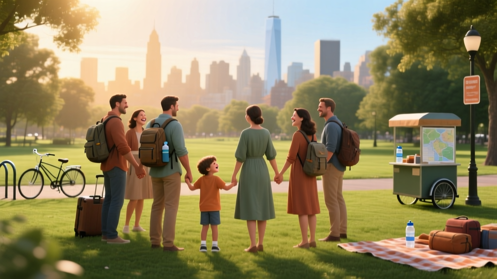 Adult and kid travelers holding hands while they stand in a circle