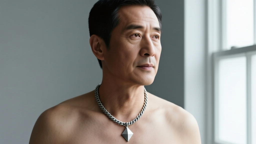 A well-lit studio portrait of a man wearing a 20-inch 4mm oxidized sterling silver rope chain with a small geometric pendant