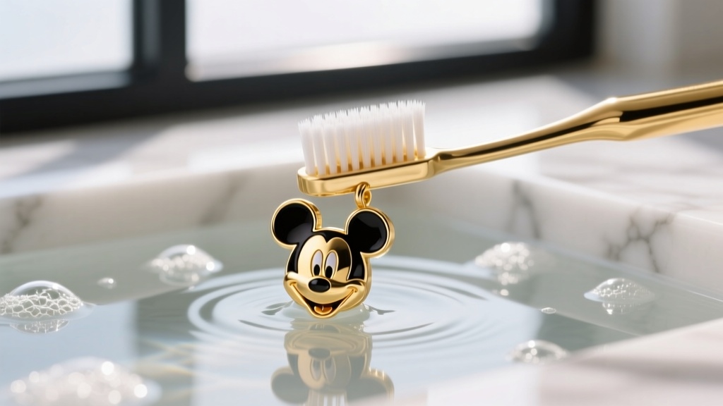 A soft baby-bristle toothbrush gently scrubbing a 14kt gold Mickey Mouse earring with black enamel accents in mild soapy water