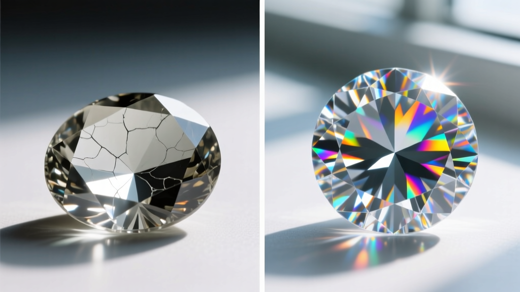 Extreme macro split-screen comparing dull lead-glass paste gemstone facets with brilliant VVS1 lab-grown diamond light dispersion