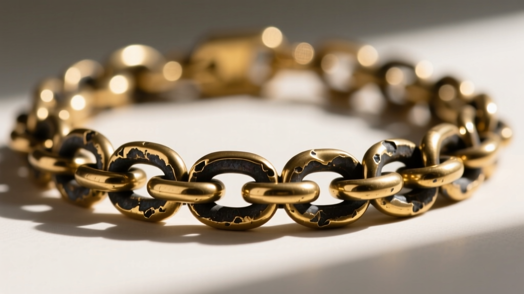 Macro photography of a thick brass chain link necklace showing signs of flash plating wear, revealing the dark base metal beneath