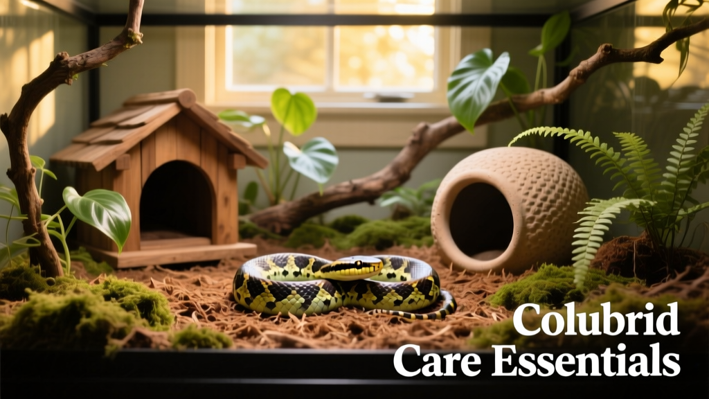 Well-furnished colubrid enclosure with dual hides, substrate, branch, and low-humidity plants