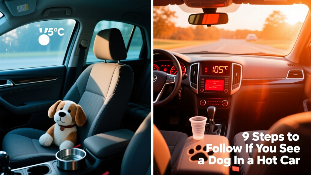Side-by-side comparison showing safe vs. dangerous car temperatures: shaded interior at 75°F versus sun-exposed interior rising to 105°F in 10 minutes
