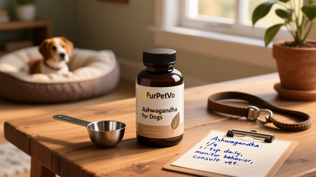 Dog-safe supplement bottle labeled 'FurPetVo Ashwagandha for Dogs' next to measuring scoop and vet checklist