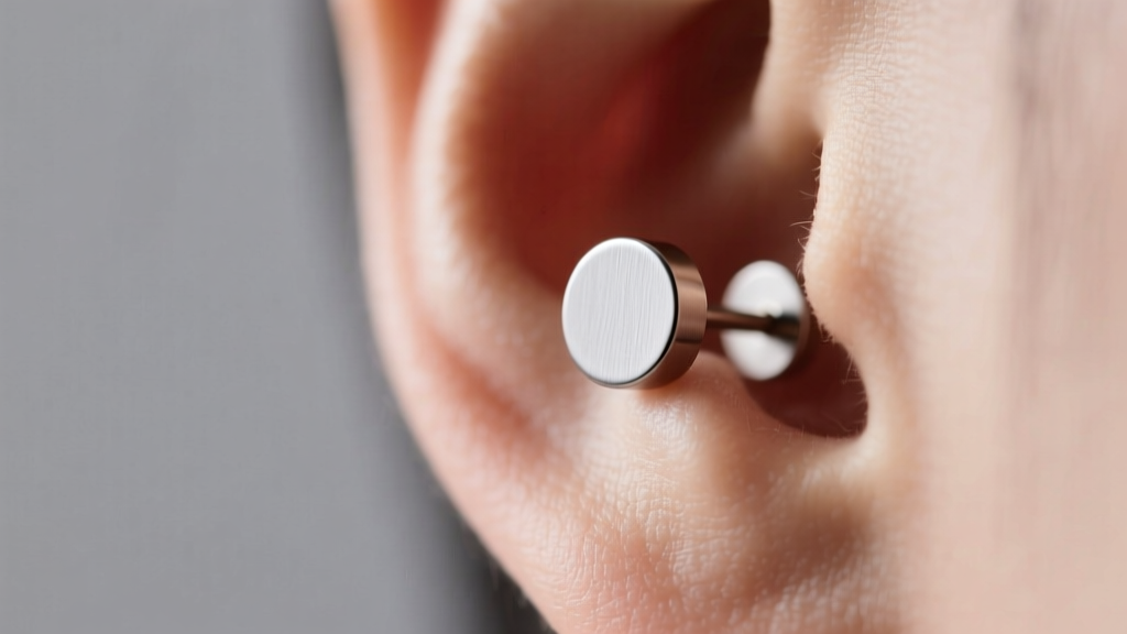 Close-up of a 3mm matte titanium stud earring on an earlobe, illuminated by soft studio lighting against a neutral gray backdrop.