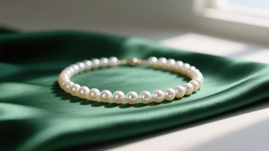Flat lay of a 3mm freshwater micro pearl necklace on emerald green silk, soft morning light highlighting the bright pearl luster.