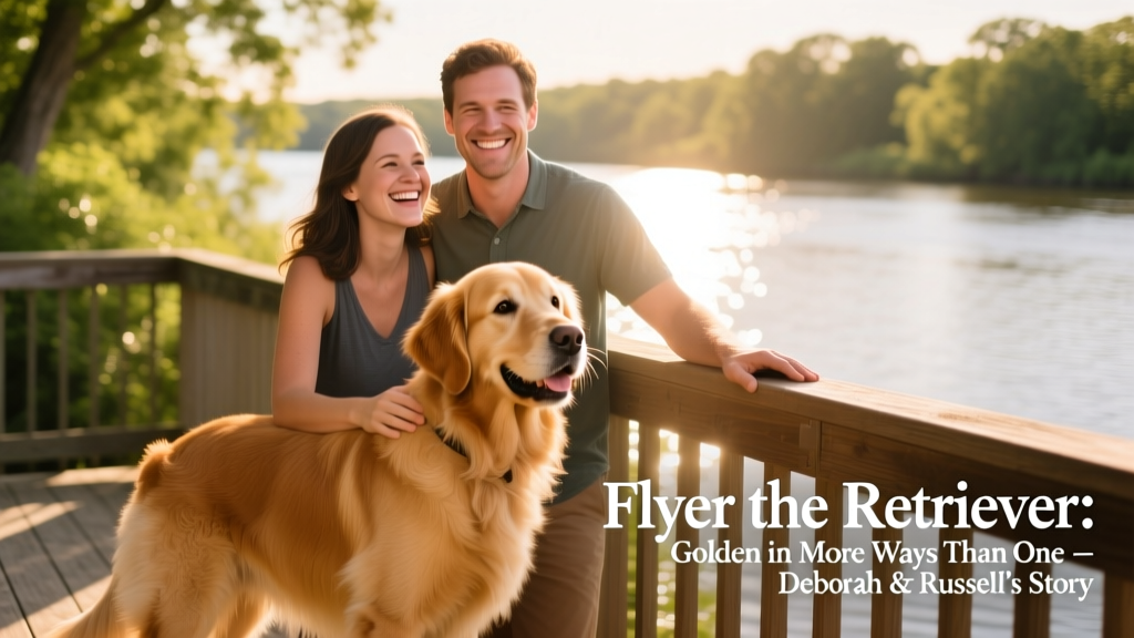 Deborah and Russell smiling beside Flyer on their riverside deck, with lush greenery and water visible in the background