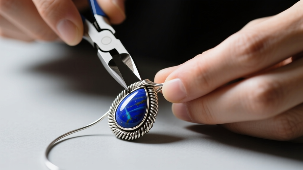 Hands using nylon pliers to wrap 20-gauge oxidized silver wire around a teardrop lapis cabochon to create a custom bezel setting.