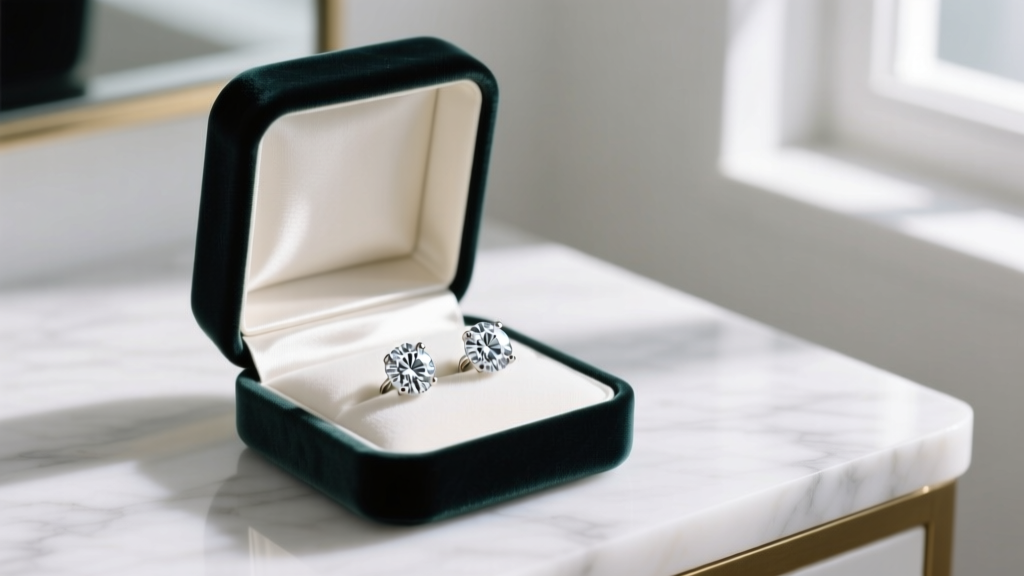Elegant velvet jewelry box open on a marble vanity, revealing sparkling 1-carat total weight round brilliant diamond stud earrings.