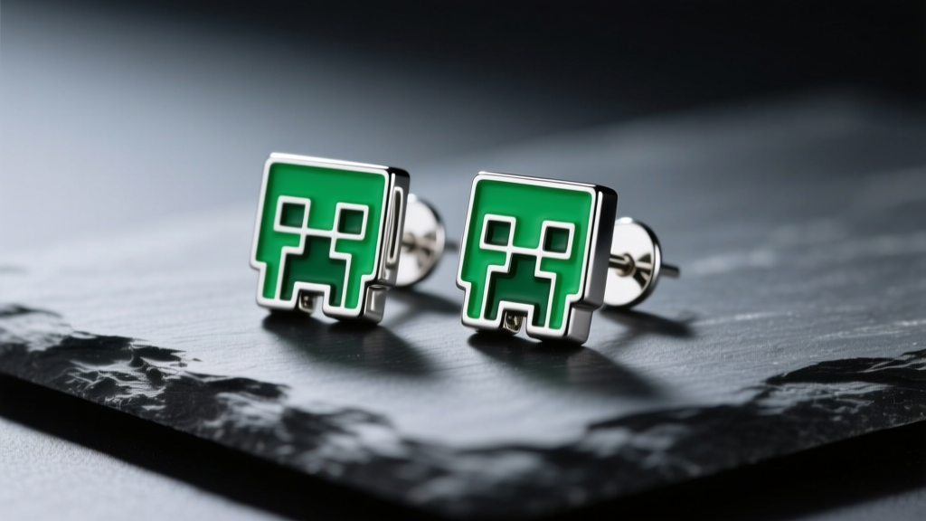 Sterling silver Minecraft creeper stud earrings with green enamel detailing resting on dark slate under soft studio lighting.