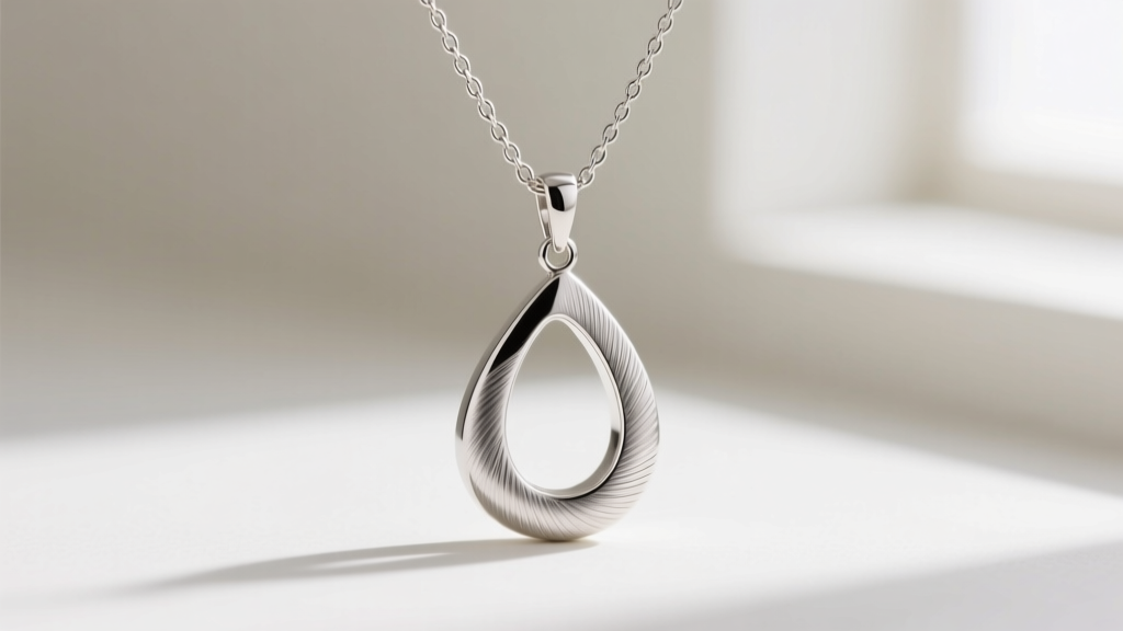 Macro shot of a brushed platinum necklace charm shaped like an asymmetric teardrop, hanging from a delicate 1.5mm cable chain.