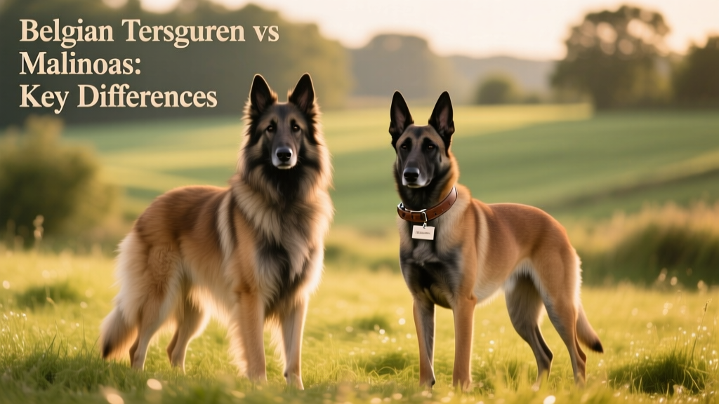 Side-by-side comparison of a Belgian Tervuren and a Belgian Malinois standing calmly on grass