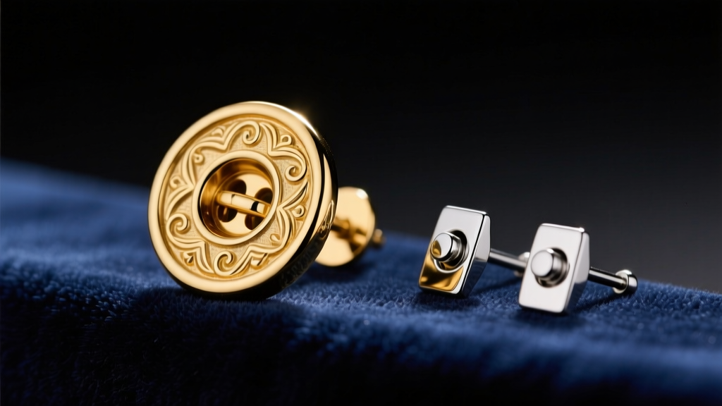 Macro shot of a heavy gold button earring on velvet next to locking earring backs, lit by soft studio lighting.