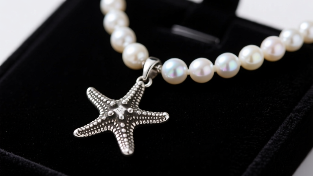 Close-up of a pearl and starfish necklace on dark velvet, showing slight tarnish on the sterling silver starfish charm pendant