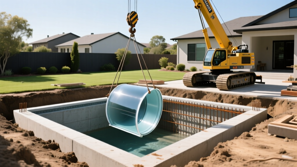 Crane lowering a fiberglass pool shell into an excavation beside a formed, rebar-tied concrete pool basin in a sunny residential backyard.