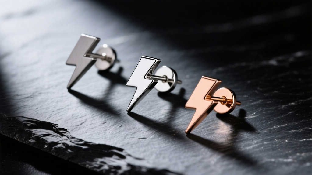 Three lightning bolt stud earrings in matte titanium, polished silver, and rose gold resting on a dark textured slate background.
