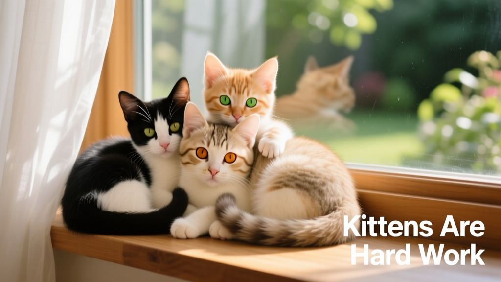 All three cats—Miki, Minnie, and Nara—curled up together on a sunlit windowsill, tails entwined