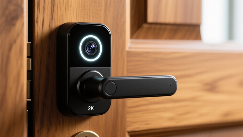 Close-up of a modern matte-black 3-in-1 smart lock with an integrated 2K camera lens and glowing LED ring on a solid oak front door.