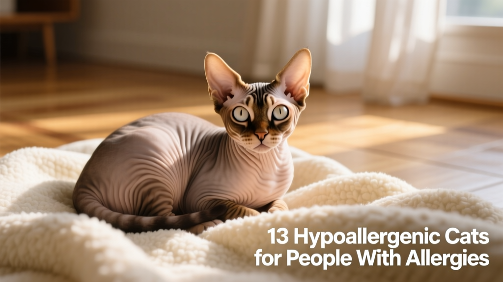 Devon Rex cat curled up on a cozy blanket, highlighting its wavy, short coat and large expressive eyes