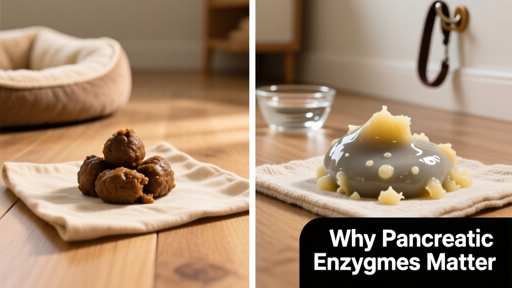 Side-by-side comparison of healthy dog stool versus typical EPI-related stool (large, pale, greasy)