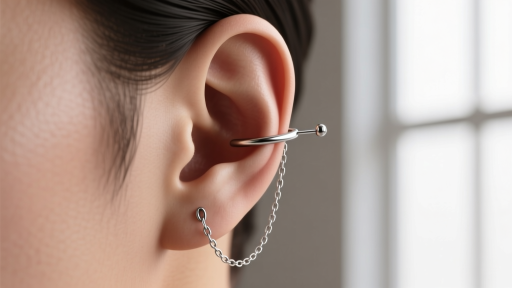 Studio shot of a titanium threader connecting a lobe piercing to a mid-helix piercing, highlighting the elegant chain drape angle