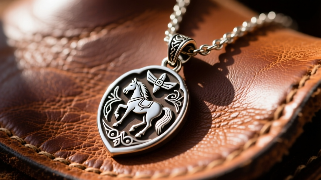Close-up of an oxidized sterling silver cowboy necklace name pendant with deep relief engraving, resting on worn saddle leather.