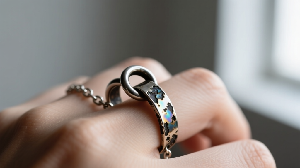 Macro photo of a tarnished 18-gauge silver jump ring connecting a finger ring to a hand chain, highlighting oxidation in the crevices.