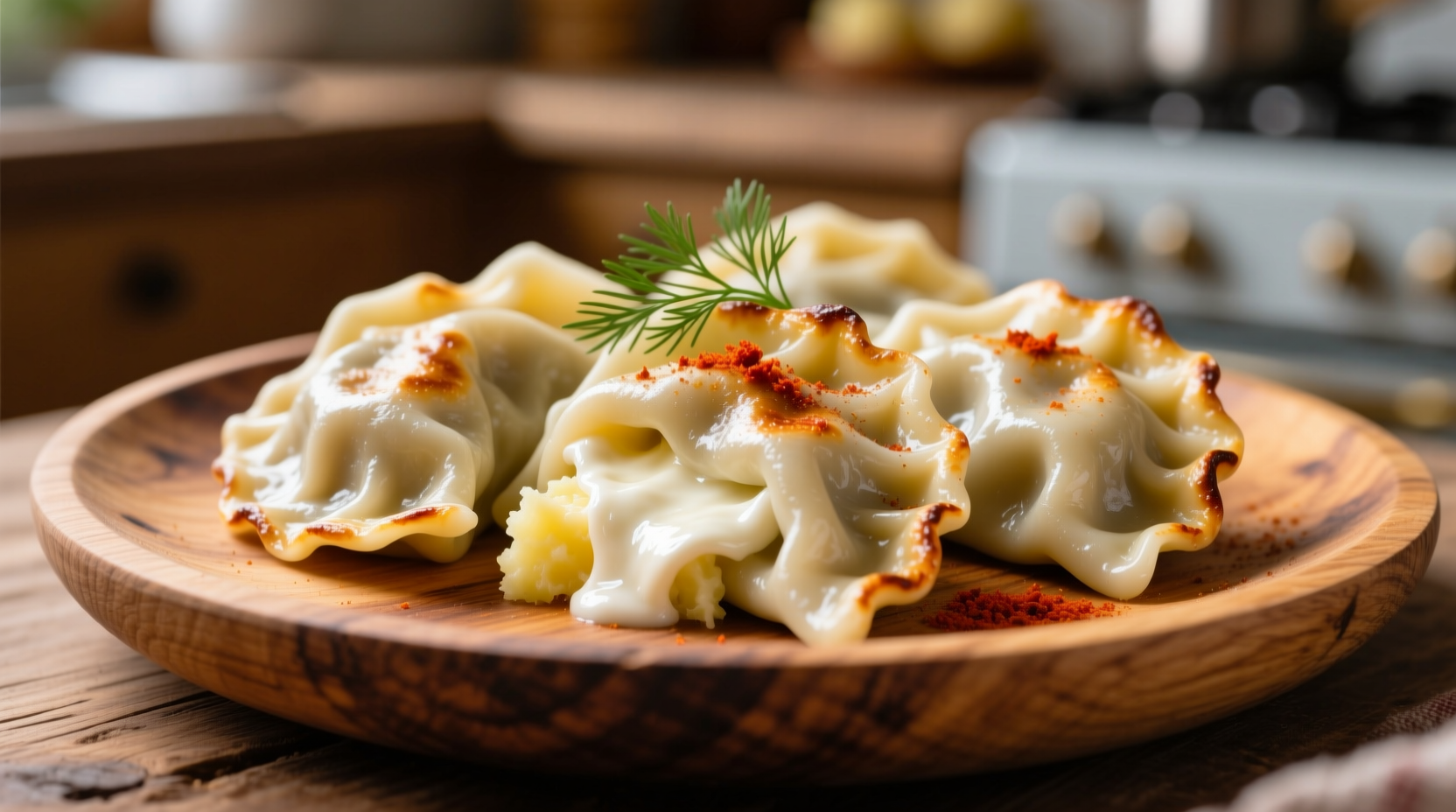 Traditional cheese and potato pierogies on wooden plate