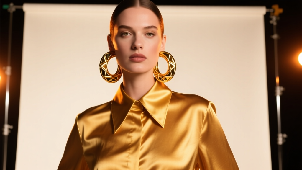 Wide shot of a model wearing oversized 14k gold tubular hoop earrings and a silk disco-collar shirt in warm amber studio lighting