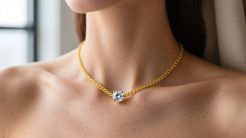 Close-up of a collarbone wearing a delicate 18k yellow gold chain with a single bezel-set round diamond floating centrally.