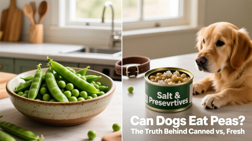 A split image showing safe plain cooked peas on one side and unsafe canned peas with salt and preservatives on the other