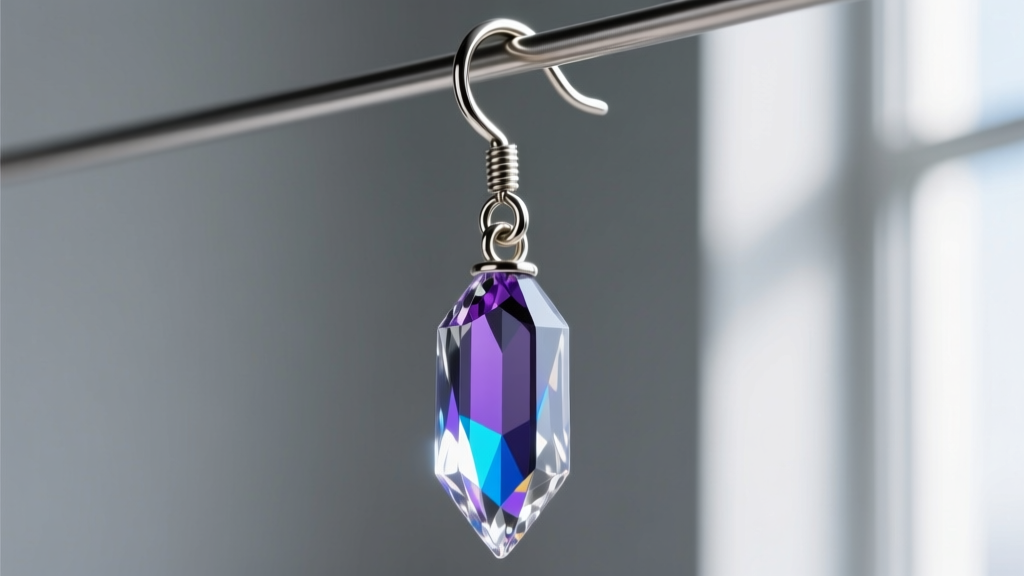 Close-up of a 16-gauge titanium French wire hook supporting a heavy long crystal chandelier earring, showing the reinforced loop.