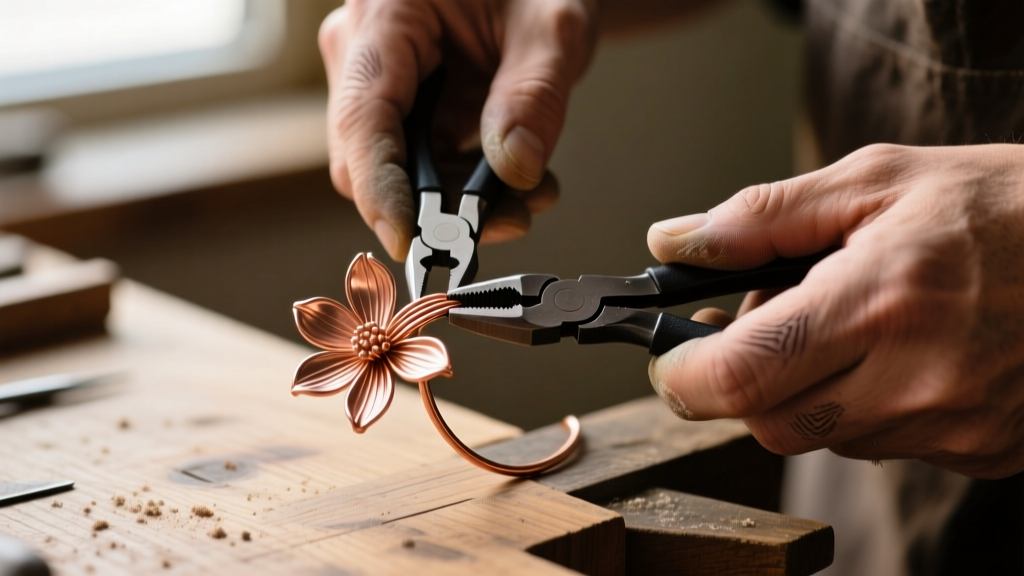 Close-up of a jeweler using nylon jaw pliers to gently reshape a bent 24-gauge copper wire flower petal on a wooden workbench.