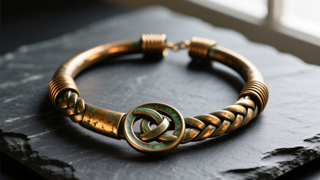 Close-up of braided bronze Celtic torque necklace on dark slate, highlighting twisted wire terminals and warm metallic patina.