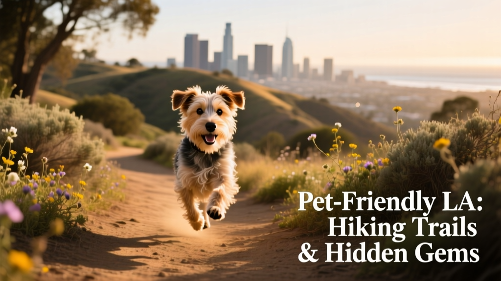 A happy terrier mix trotting along a tree-lined hiking trail in Los Angeles, with hills and distant city skyline visible in the background