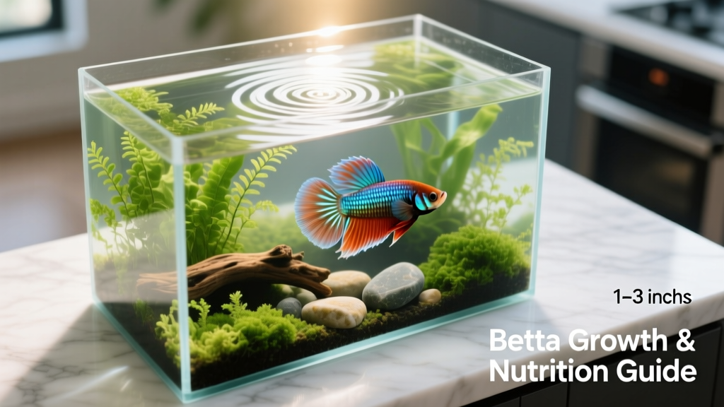 Top-down view of a well-fed adult betta swimming confidently in a planted 5-gallon tank with clear water and gentle filtration