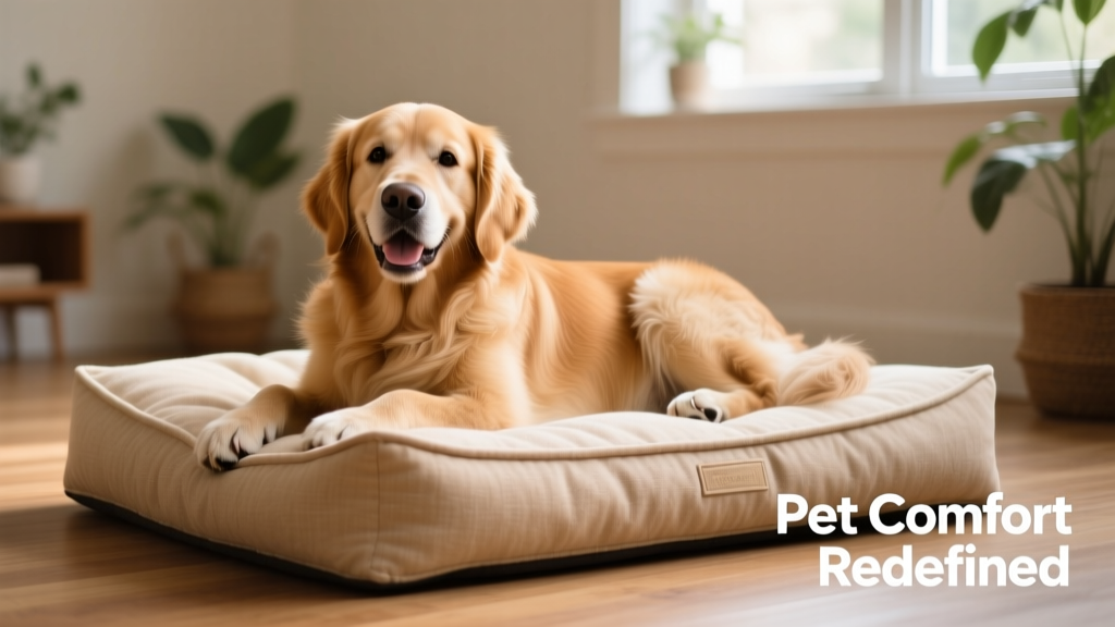 A happy, well-groomed dog resting comfortably on a high-quality dog bed