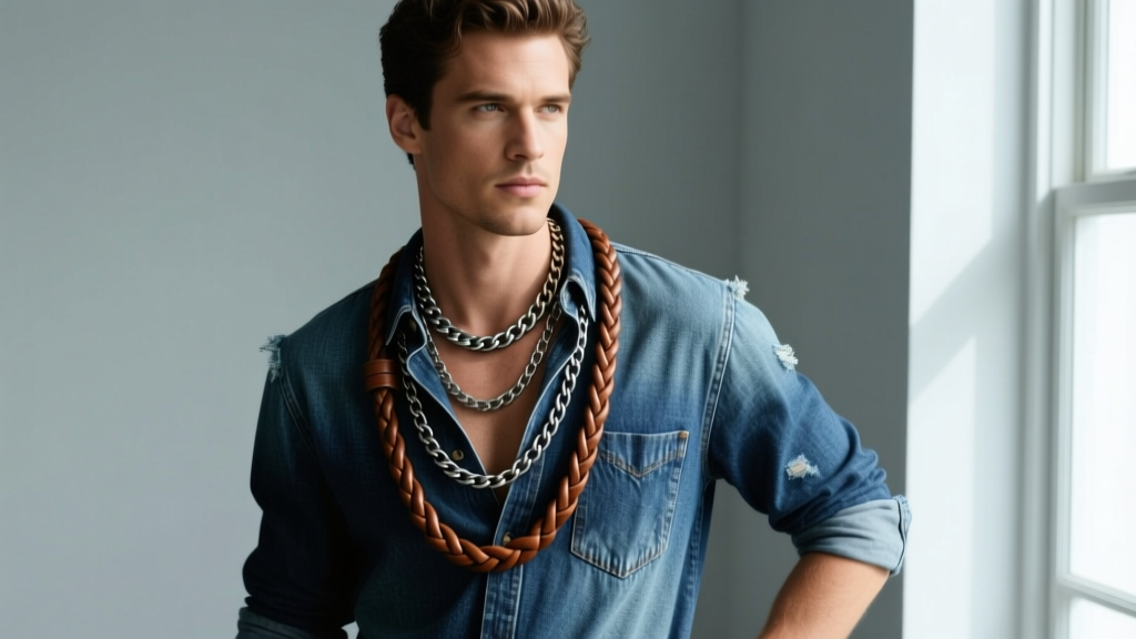 Man wearing a layered Johnny necklace with a 20-inch braided leather cord and oxidized silver chain over a faded blue denim shirt.