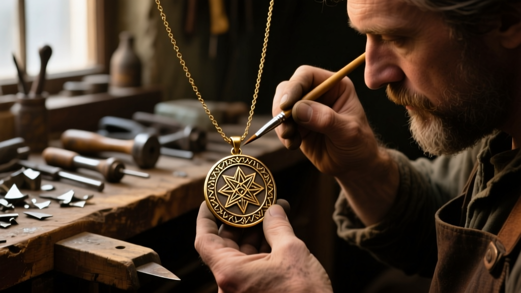 Artisan jeweler applying liver of sulfur patina to a brass DND necklace pendant using a small brush in a dimly lit workshop