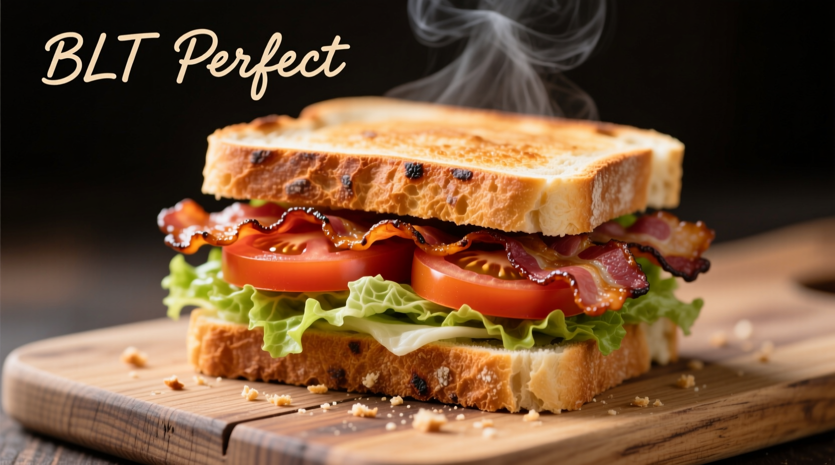 Perfectly assembled bacon lettuce tomato sandwich on rustic bread