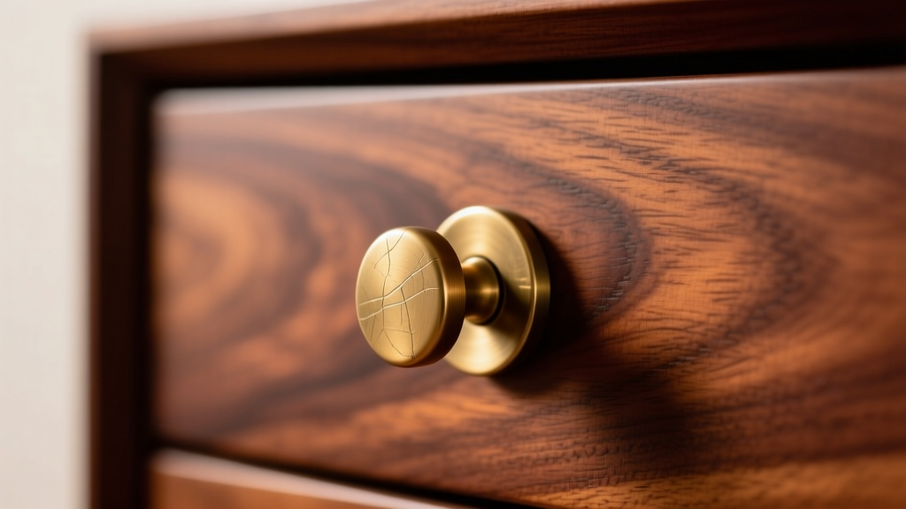 Macro shot of a solid brass drawer pull on a cherry wood surface, highlighting the rich wood grain and subtle patina on the metal.