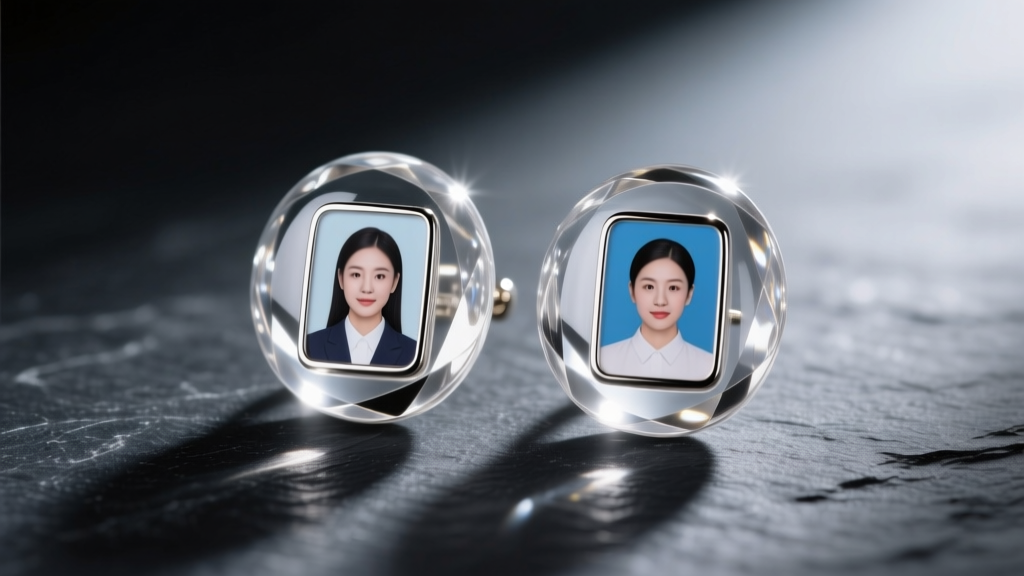 Passport picture earrings in clear domed resin on dark slate, soft lighting highlighting the glossy, scratch-free surface.