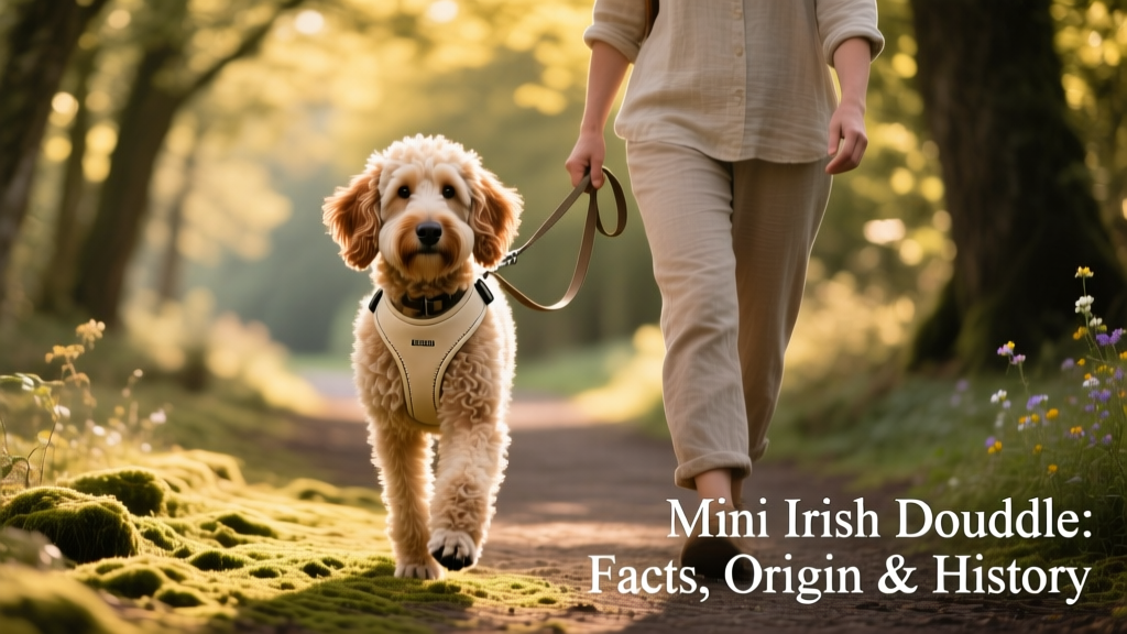 A mature Mini Irish Doodle wearing a lightweight harness, walking calmly beside its owner on a tree-lined path, demonstrating its trainability and calm demeanor